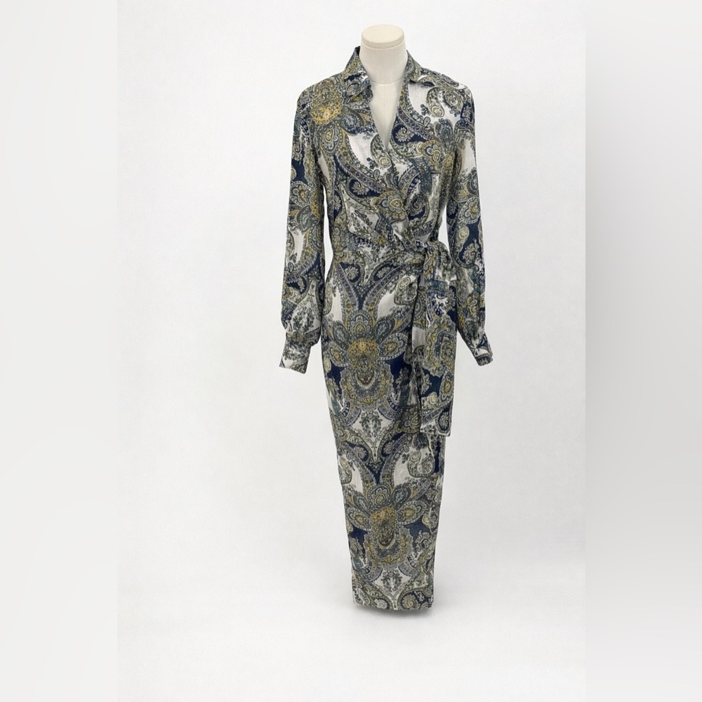 Magaschoni Sophisticated Paisley Belted Wrap Dress – Navy Gold Long Sleeve Midi - Picture 3 of 17